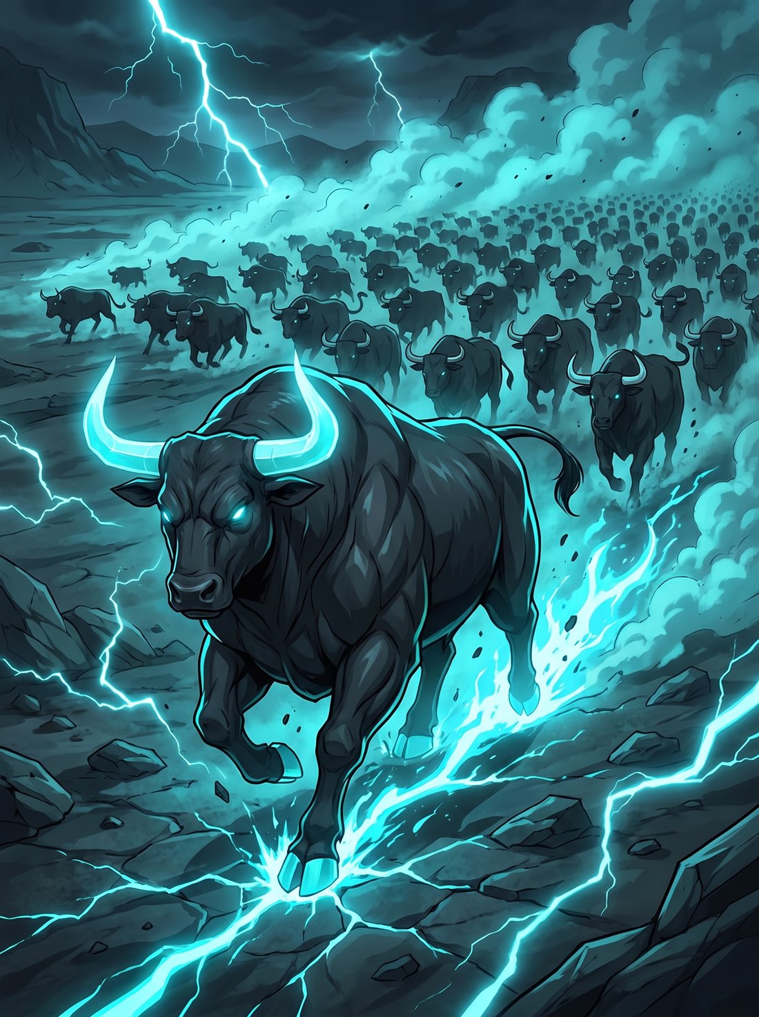 HyperBull leading a stampeding herd through a canyon of lightning