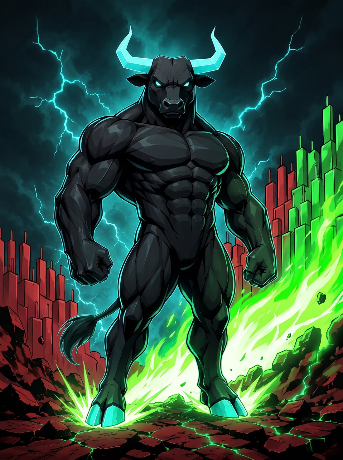 HyperBull standing between falling red candles and rising green ones